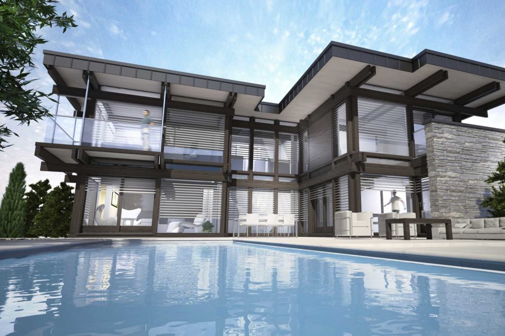 Maison d'architecte 3D perspective extérieure piscine