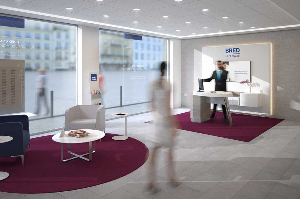 perspective 3D intérieur agence bancaire Bred