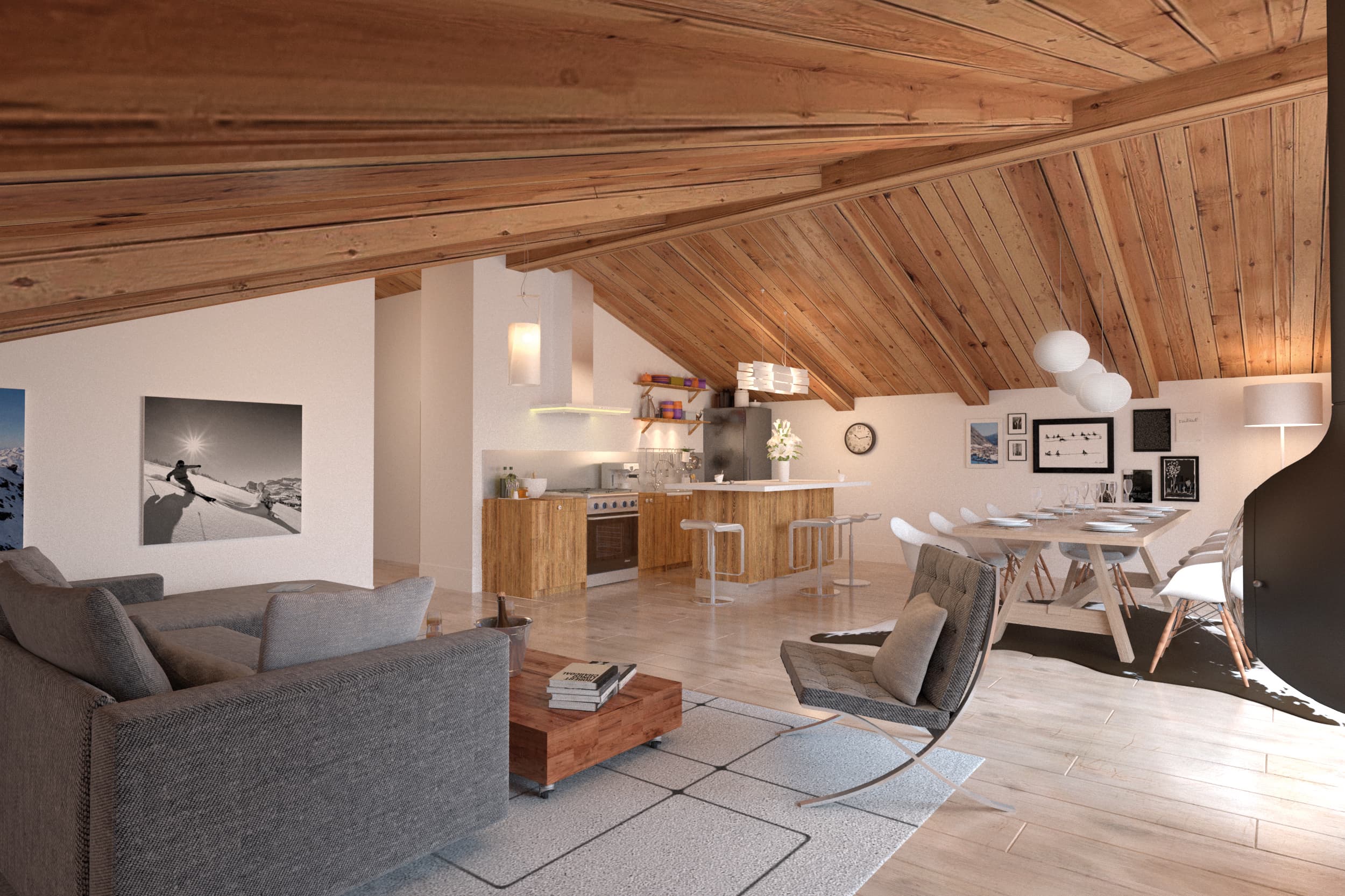 perspective-3D intérieure appartement montagne : pièce de vie